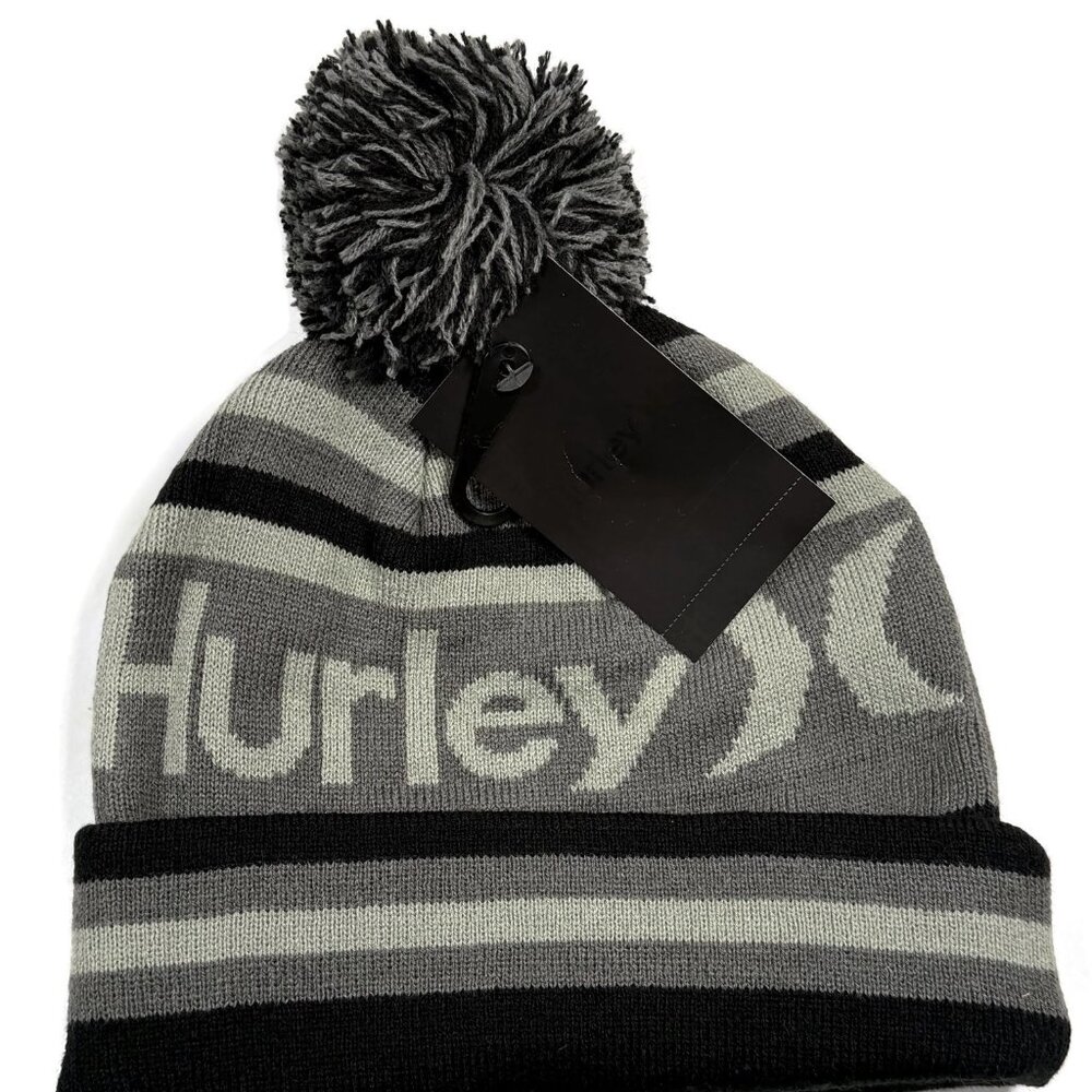 Hurley Ragland Beanie Pom Dark Gray Cuffed New Winter Hat Acrylic‎ Snow Hiking